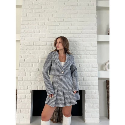 Kaz Ayağı Desen Pliseli Etek Crop Ceket Takım Lacivert