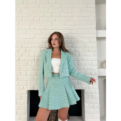 Kaz Ayağı Desen Pliseli Etek Crop Ceket Takım Mint