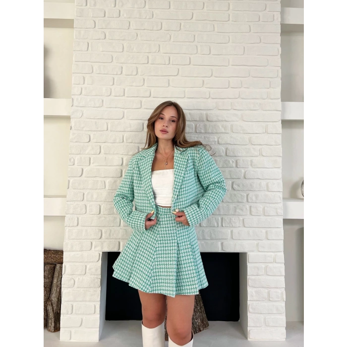 Kaz Ayağı Desen Pliseli Etek Crop Ceket Takım Mint