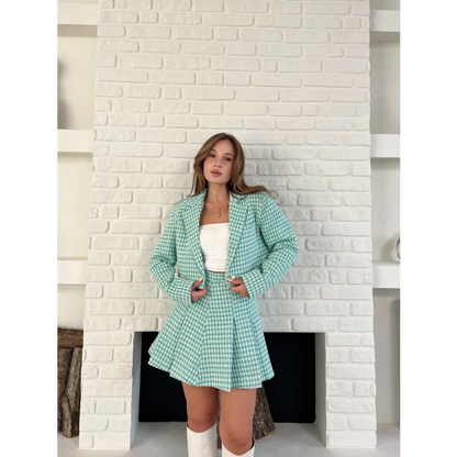 Kaz Ayağı Desen Pliseli Etek Crop Ceket Takım Mint