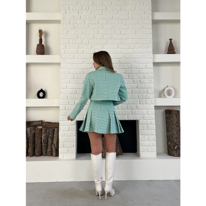 Kaz Ayağı Desen Pliseli Etek Crop Ceket Takım Mint