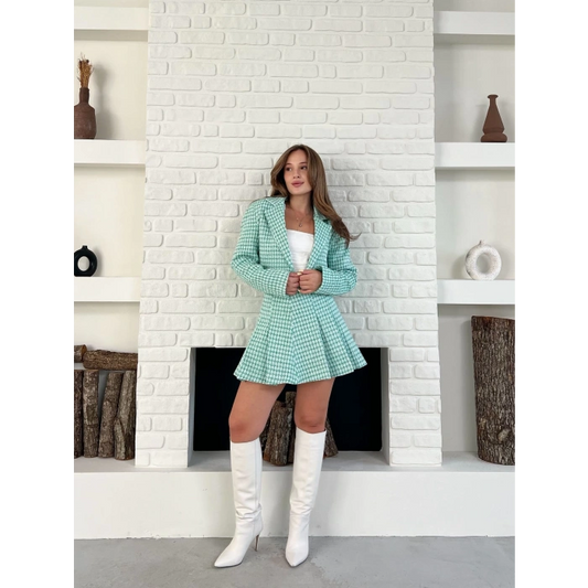 Kaz Ayağı Desen Pliseli Etek Crop Ceket Takım Mint