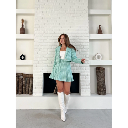 Kaz Ayağı Desen Pliseli Etek Crop Ceket Takım Mint