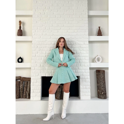 Kaz Ayağı Desen Pliseli Etek Crop Ceket Takım Mint