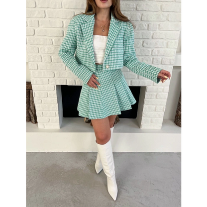 Kaz Ayağı Desen Pliseli Etek Crop Ceket Takım Mint