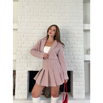 Kaz Ayağı Desen Pliseli Etek Crop Ceket Takım Pembe