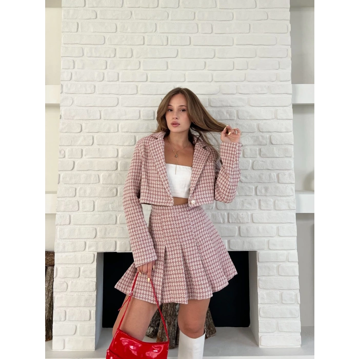 Kaz Ayağı Desen Pliseli Etek Crop Ceket Takım Pembe