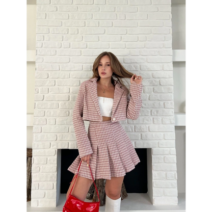 Kaz Ayağı Desen Pliseli Etek Crop Ceket Takım Pembe