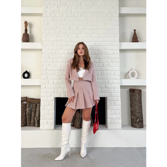 Kaz Ayağı Desen Pliseli Etek Crop Ceket Takım Pembe