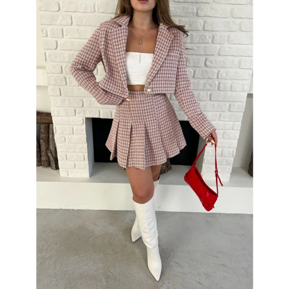 Kaz Ayağı Desen Pliseli Etek Crop Ceket Takım Pembe