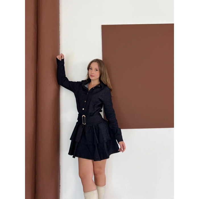 Kemer Detaylı Denim Elbise Siyah