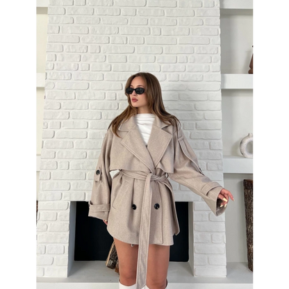 Kemer Detaylı Kısa Kaşe Kaban Bej