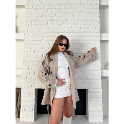 Kemer Detaylı Kısa Kaşe Kaban Bej