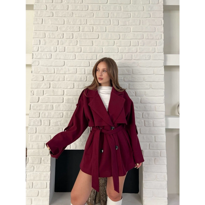Kemer Detaylı Kısa Kaşe Kaban Bordo