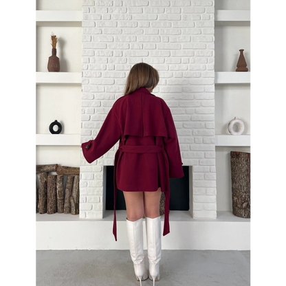 Kemer Detaylı Kısa Kaşe Kaban Bordo