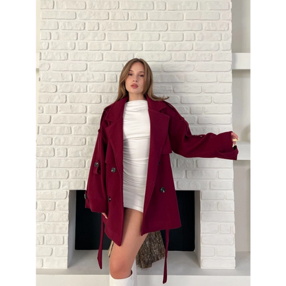 Kemer Detaylı Kısa Kaşe Kaban Bordo