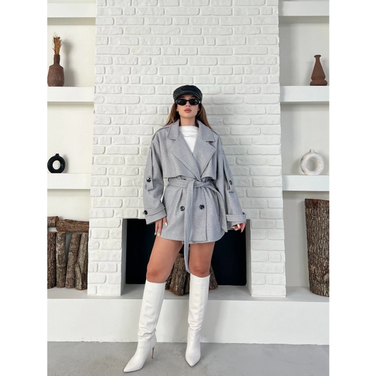 Kemer Detaylı Kısa Kaşe Kaban Gri