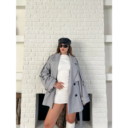 Kemer Detaylı Kısa Kaşe Kaban Gri