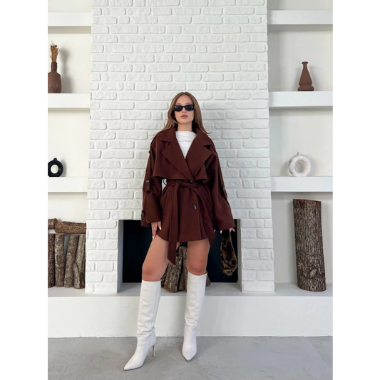 Kemer Detaylı Kısa Kaşe Kaban Kahve