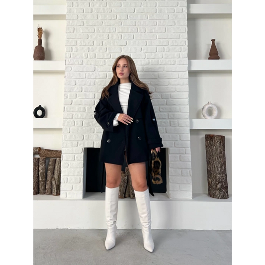 Kemer Detaylı Kısa Kaşe Kaban Siyah