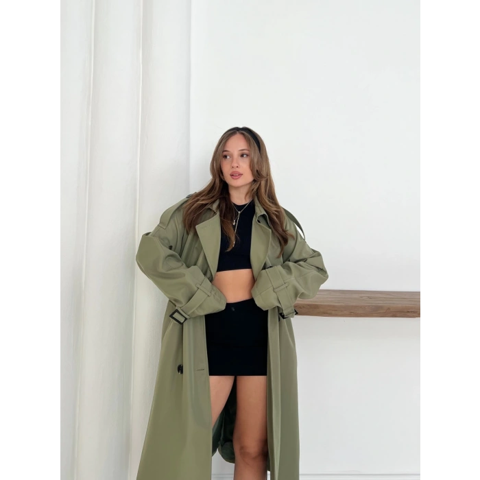 Kemer Detaylı Midiboy Trençkot Haki