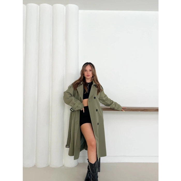 Kemer Detaylı Midiboy Trençkot Haki
