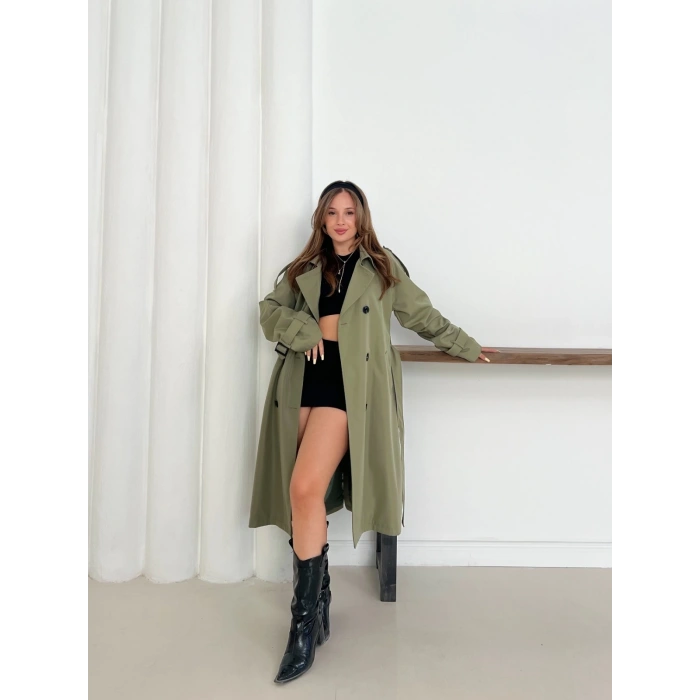 Kemer Detaylı Midiboy Trençkot Haki
