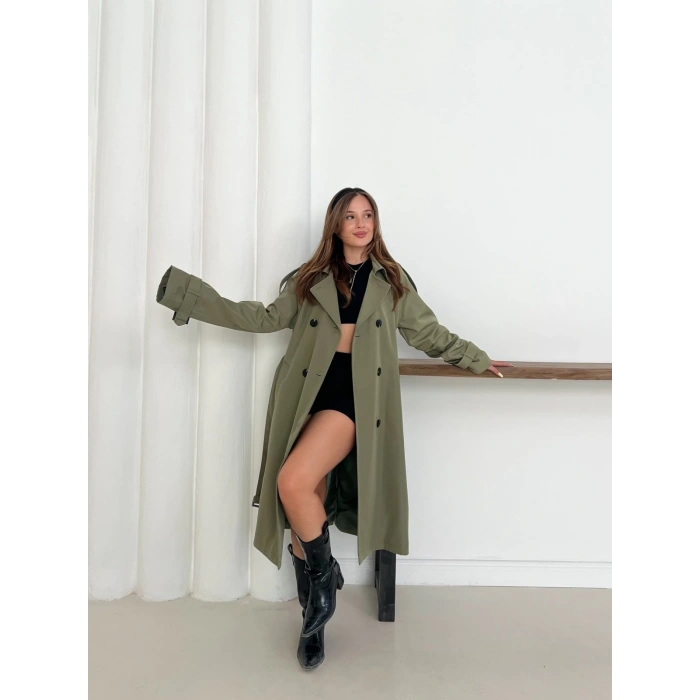 Kemer Detaylı Midiboy Trençkot Haki