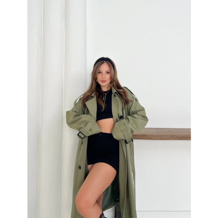 Kemer Detaylı Midiboy Trençkot Haki