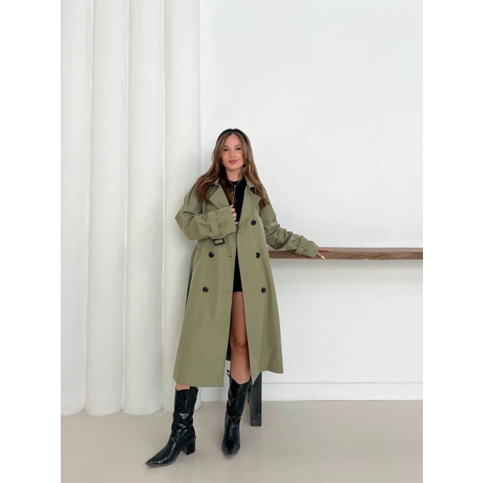 Kemer Detaylı Midiboy Trençkot Haki