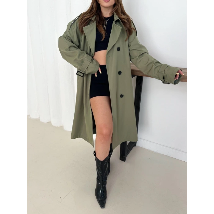 Kemer Detaylı Midiboy Trençkot Haki
