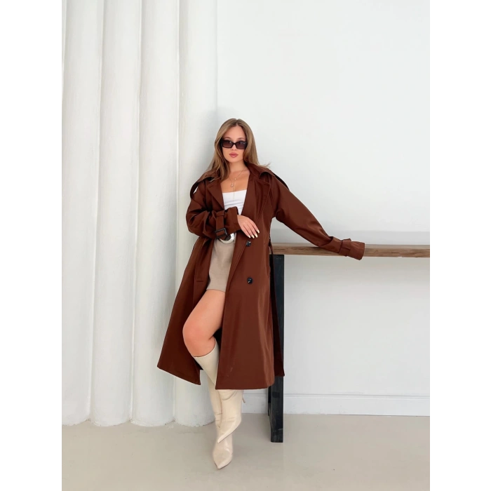 Kemer Detaylı Midiboy Trençkot Kahverengi