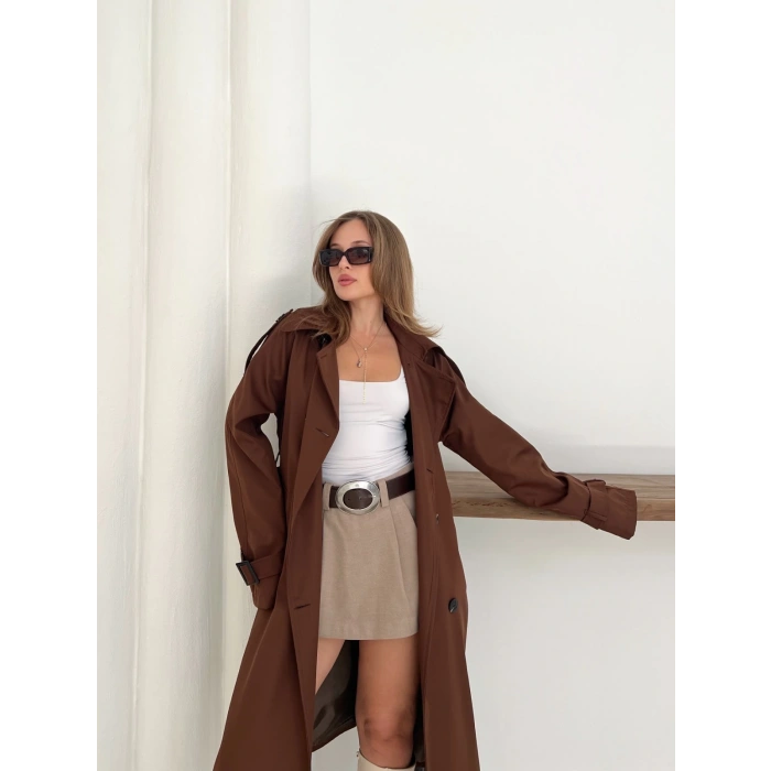 Kemer Detaylı Midiboy Trençkot Kahverengi