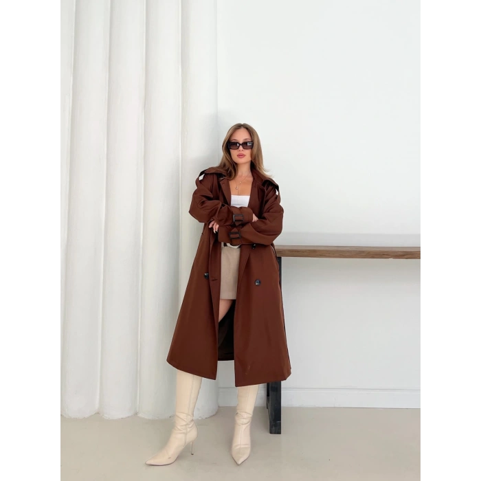 Kemer Detaylı Midiboy Trençkot Kahverengi