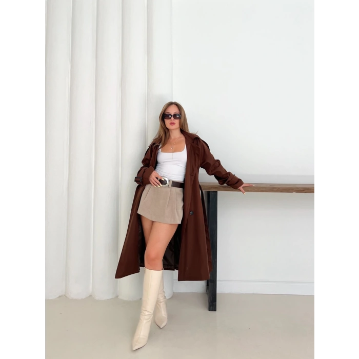 Kemer Detaylı Midiboy Trençkot Kahverengi