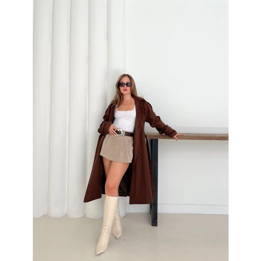Kemer Detaylı Midiboy Trençkot Kahverengi