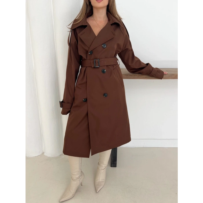 Kemer Detaylı Midiboy Trençkot Kahverengi