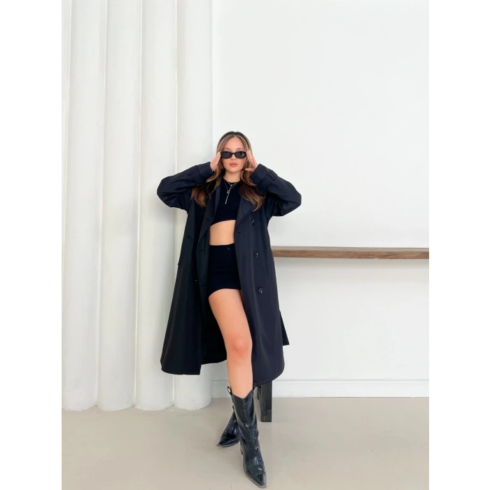 Kemer Detaylı Midiboy Trençkot Siyah