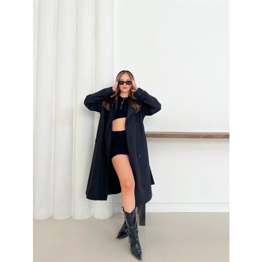 Kemer Detaylı Midiboy Trençkot Siyah