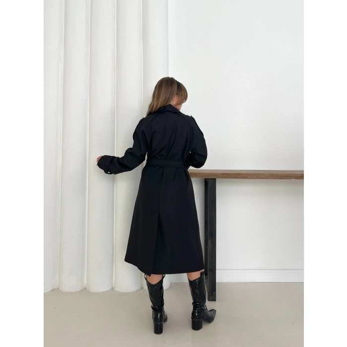 Kemer Detaylı Midiboy Trençkot Siyah