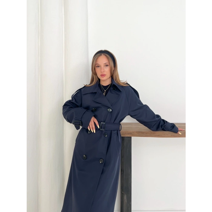 Kemer Detaylı Midiboy Trençkot Lacivert