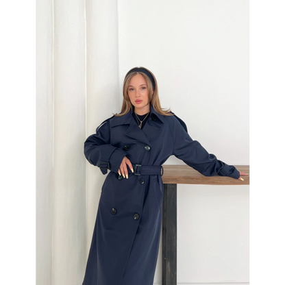 Kemer Detaylı Midiboy Trençkot Lacivert
