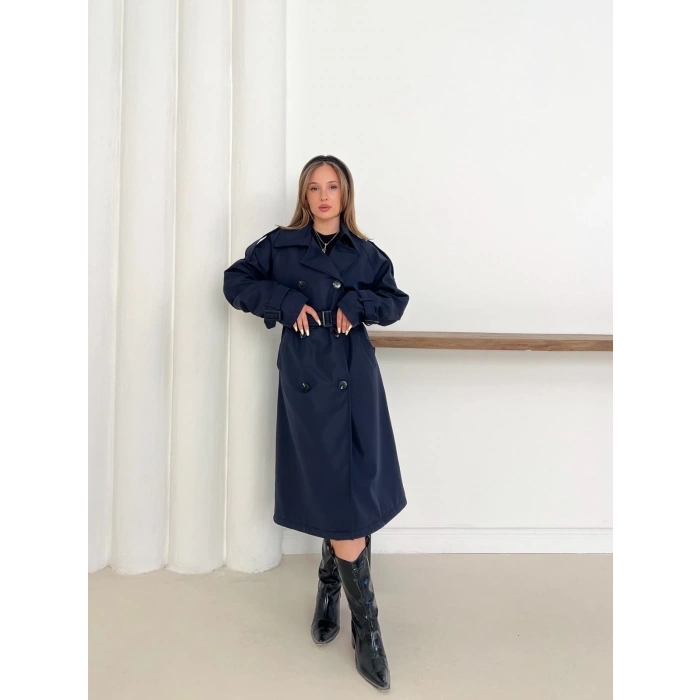 Kemer Detaylı Midiboy Trençkot Lacivert