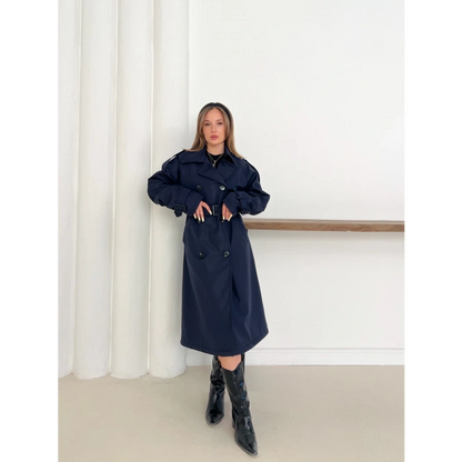 Kemer Detaylı Midiboy Trençkot Lacivert