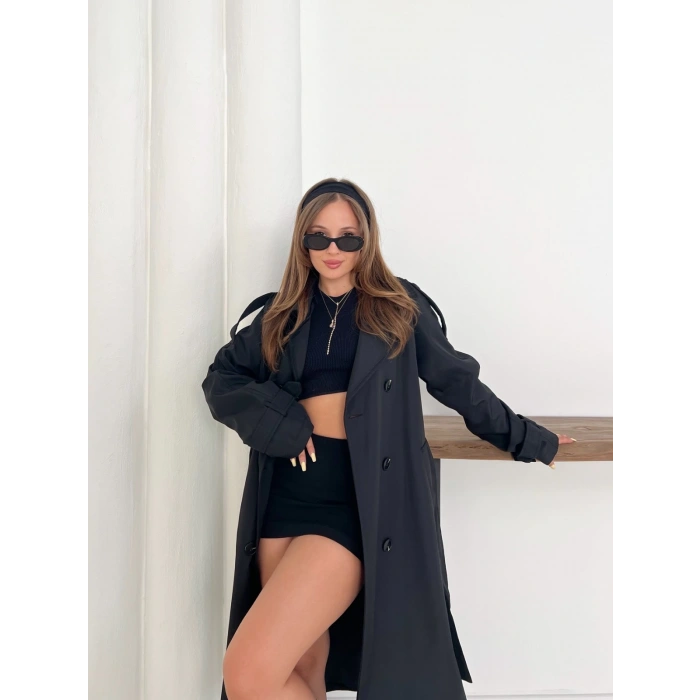 Kemer Detaylı Midiboy Trençkot Siyah