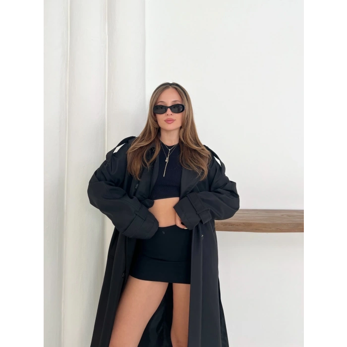 Kemer Detaylı Midiboy Trençkot Siyah