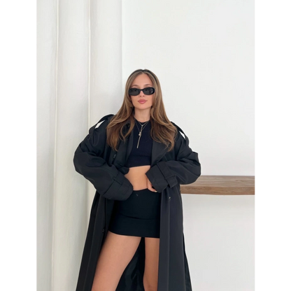 Kemer Detaylı Midiboy Trençkot Siyah