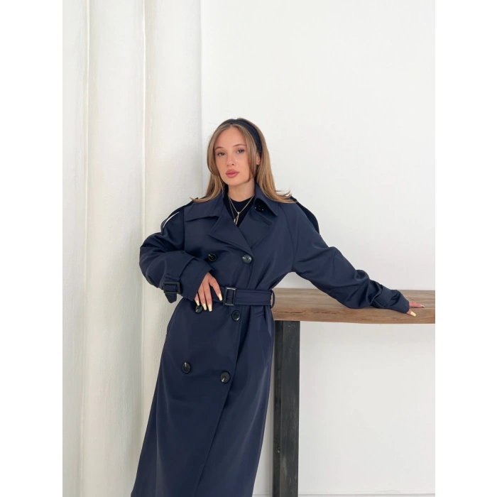 Kemer Detaylı Midiboy Trençkot Lacivert