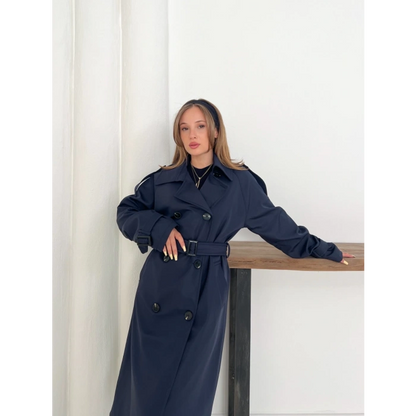Kemer Detaylı Midiboy Trençkot Lacivert