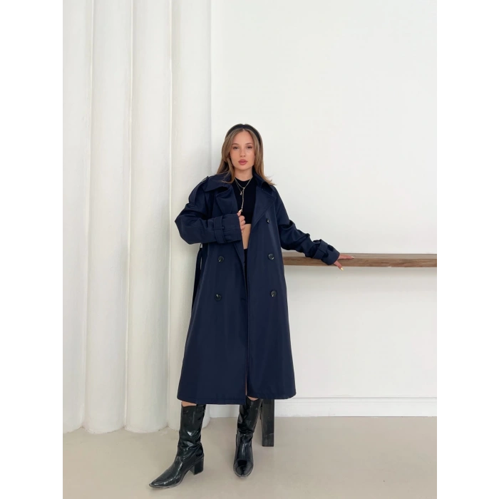 Kemer Detaylı Midiboy Trençkot Lacivert